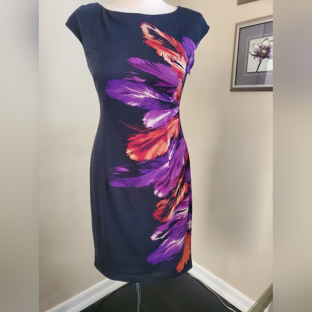 MAGGIE LONDON black sheath dress with orange and purple feather print, size 6